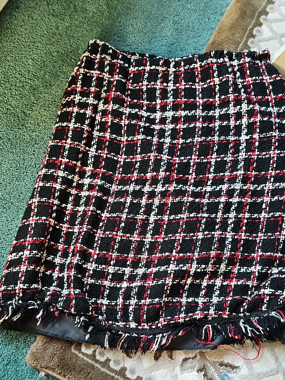 Annalee Black Red and White Tweed A-Line Skirt with Fringe